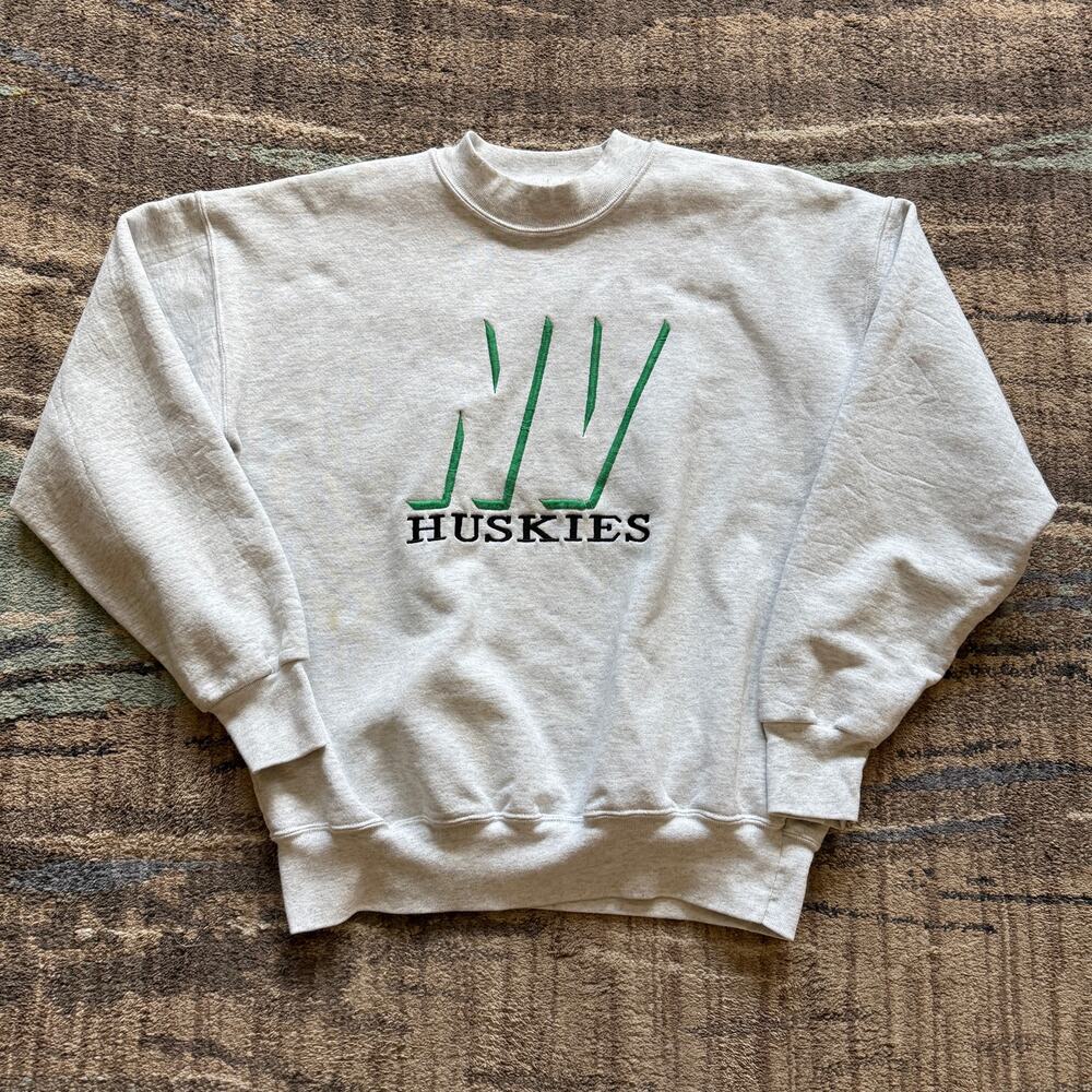 Vintage 90's NV Huskies Gray Green Fleece Crewneck Pullover Sweatshirt Sz Large